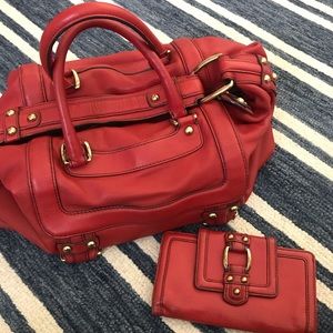 Banana Republic Red Cow Leather Bag w/ Matching Wallet